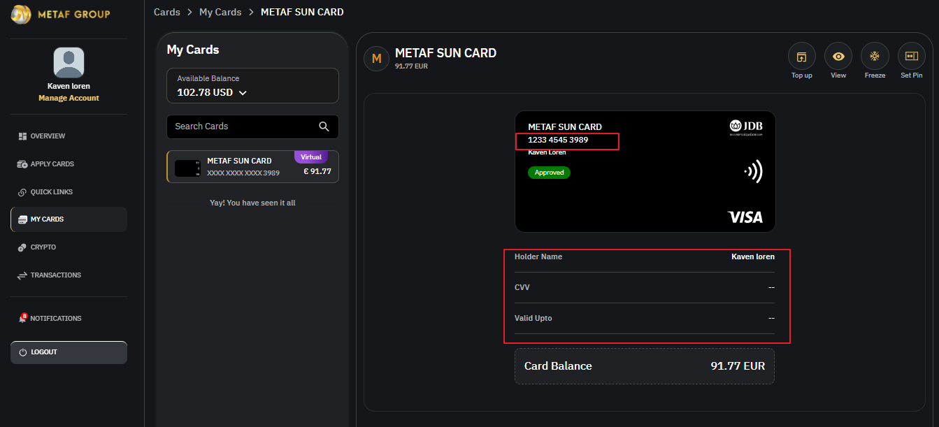 card details displayed